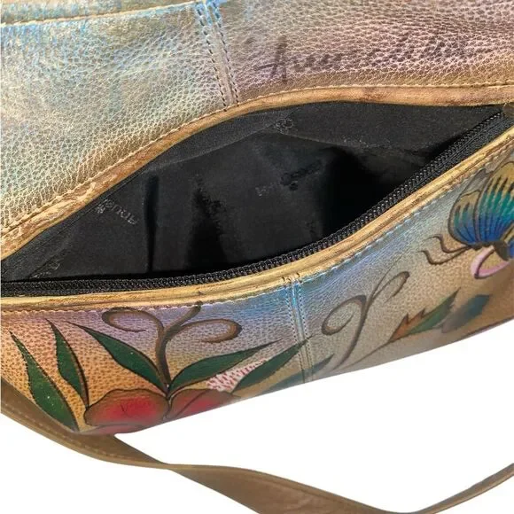 Anuschka Hand painted Leather Satchel Bag in Butterfly Floral - Picture 5 of 16